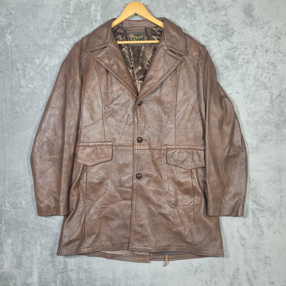 Vtg Reed Leather Jacket Mens Medium Brown Sportswear Double Button Coat 60s 70s